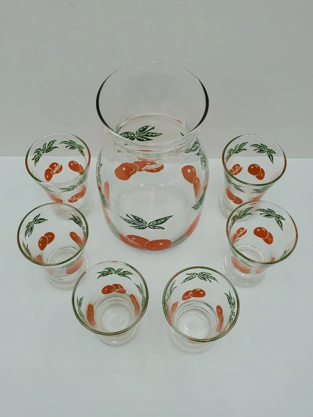 Anchor Hocking Orange Juice Drinking Glasses & Carafe OJ Pitcher & Glasses